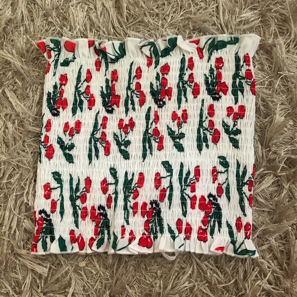 SHEIN White Cherry Patterned Cinched Tube Top